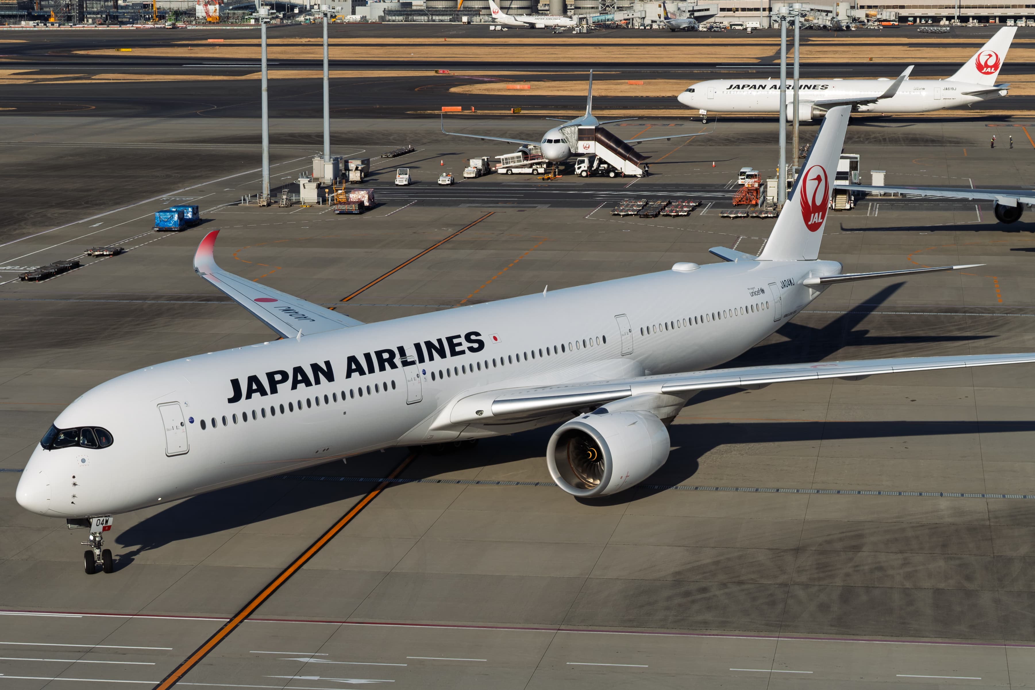 Japan Airlines Airbus A350-1000 parked on the apron