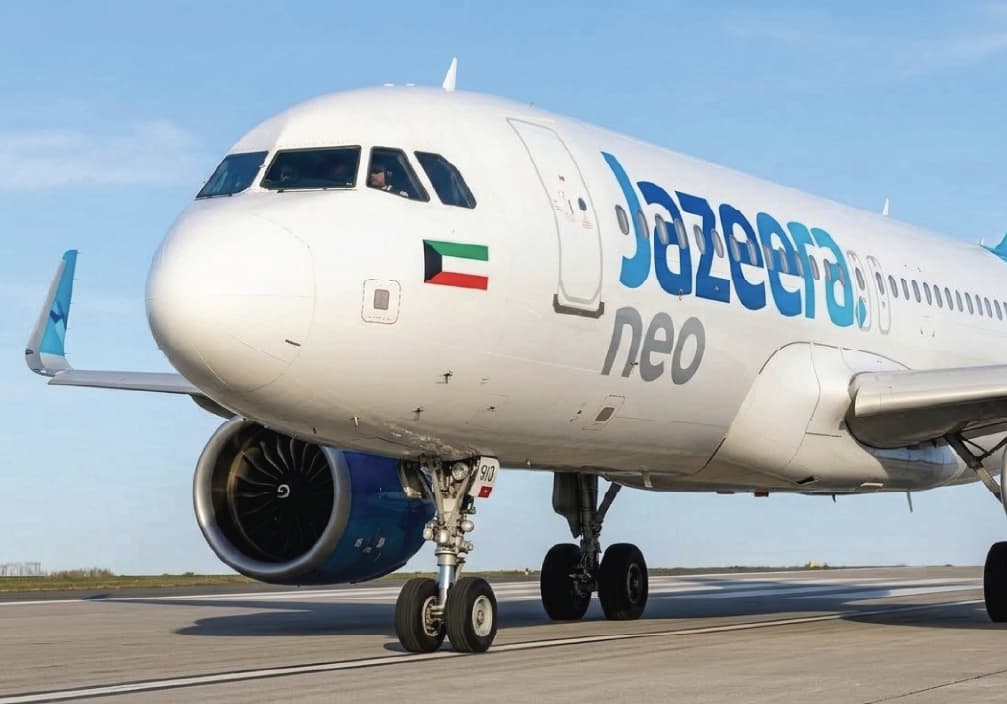 Jazeera Airways 空中巴士 A320neo 的機頭與前機身，機身帶有 Jazeera neo 字樣與科威特國旗