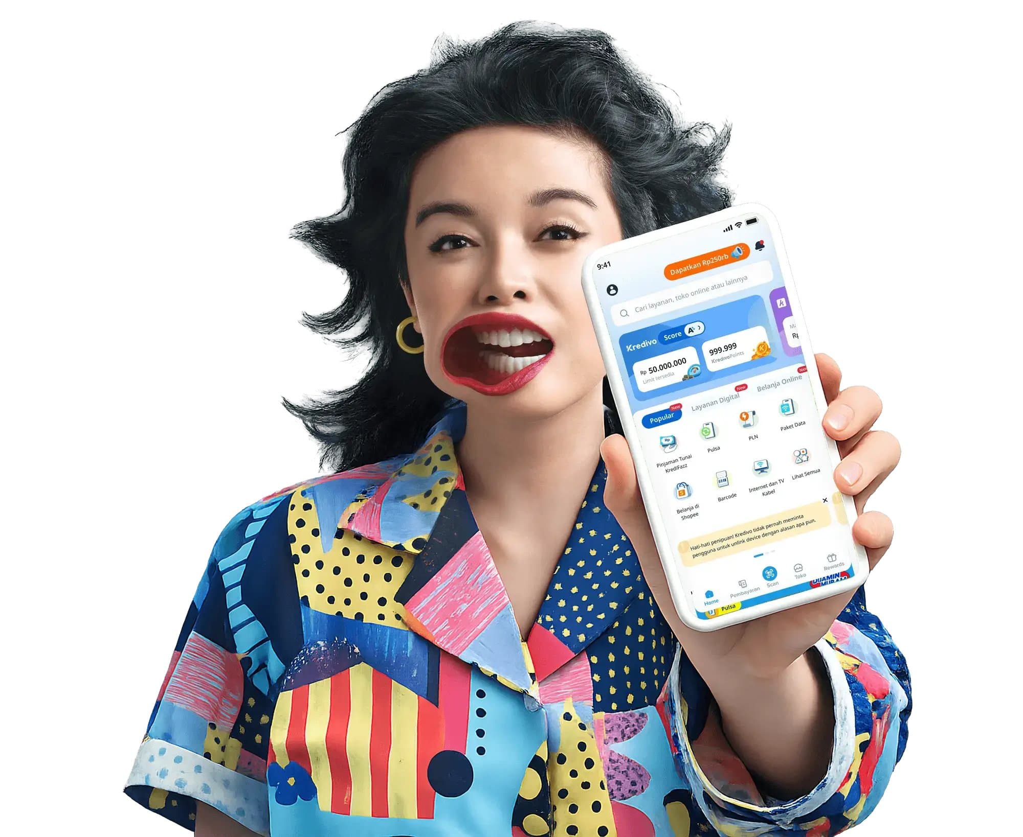 Shopper holding a phone showing the Kredivo app