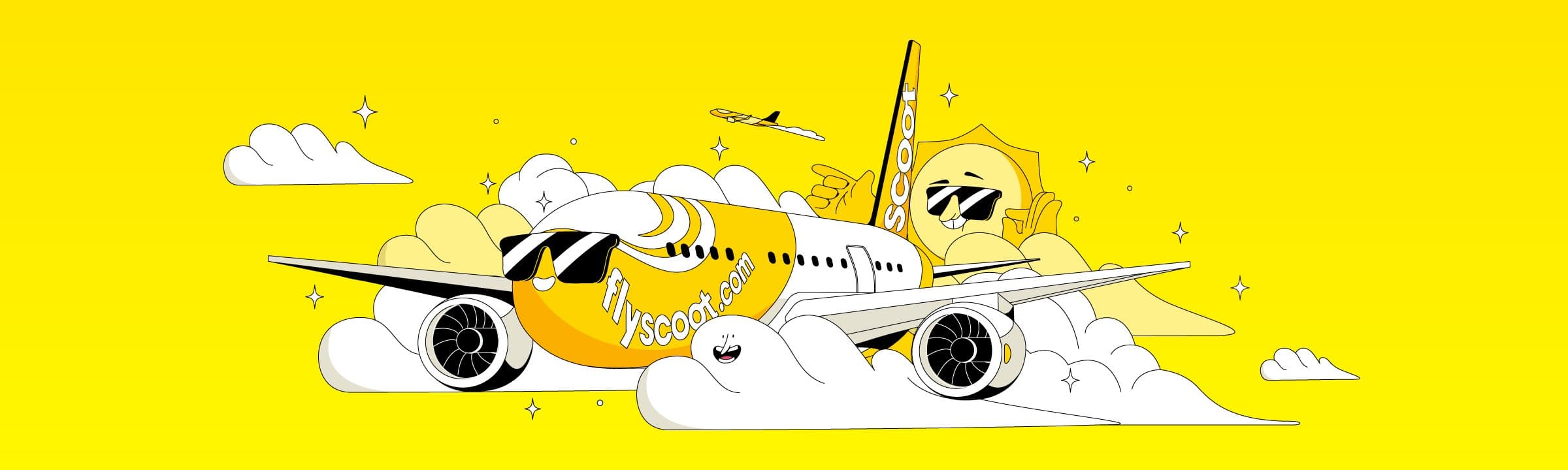 Illustrated Scoot fleet banner in the airline yellow brand style