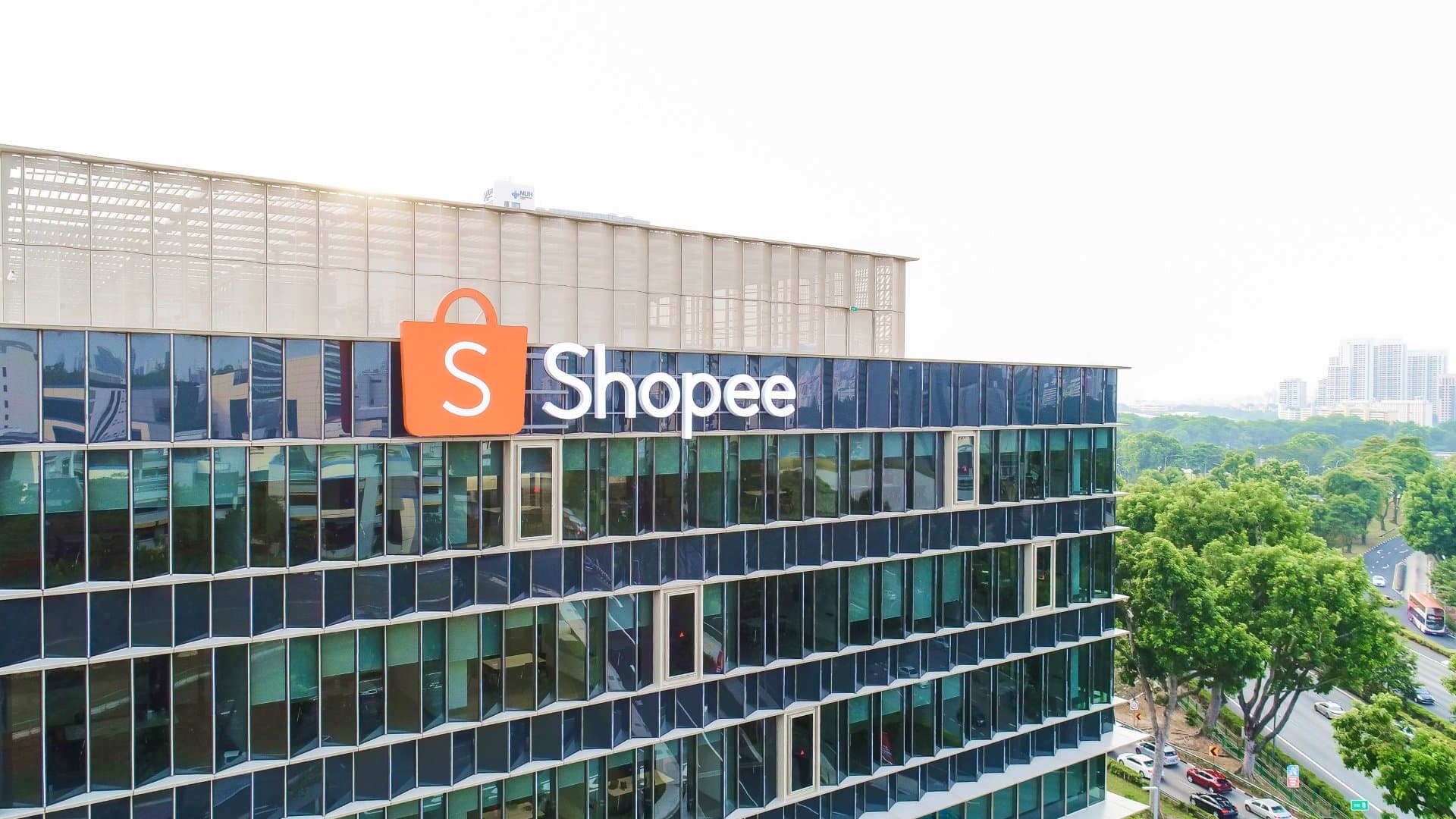 The Shopee building with the Shopee sign on its facade