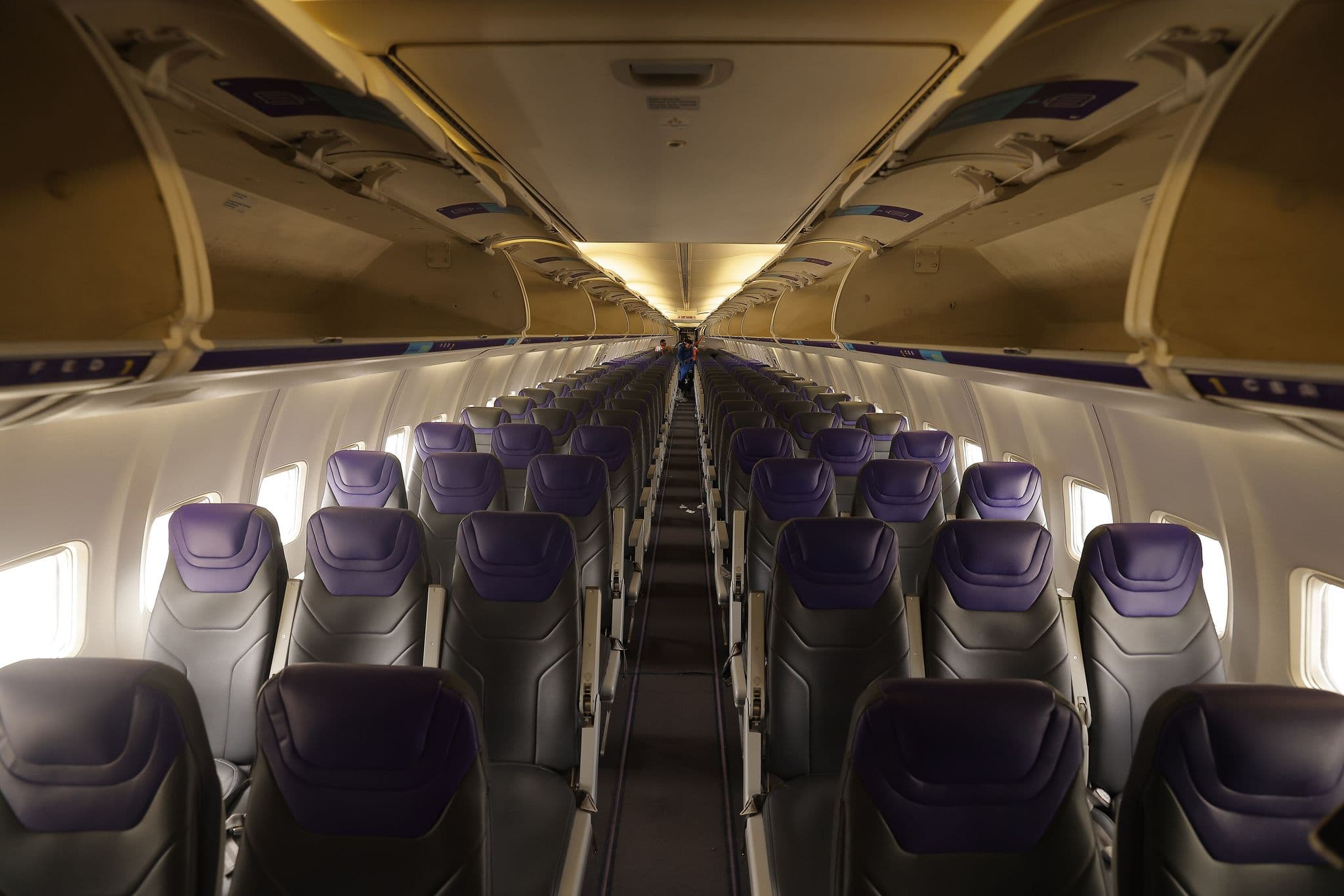 Rows of seats inside the cabin of a Wingo Boeing 737-800