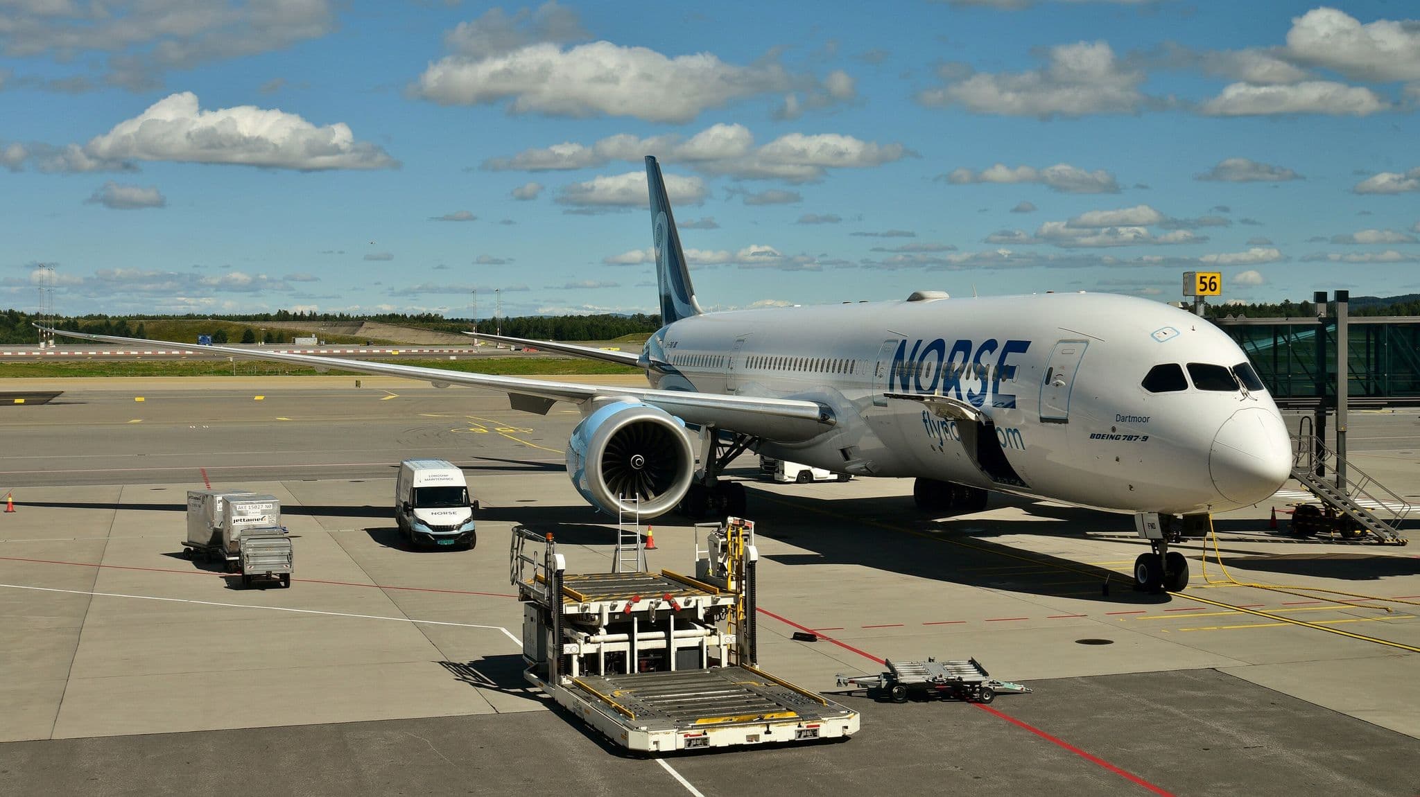 Norse Atlantic Airways Boeing 787-9 LN-FND at the gate at Oslo Airport, Gardermoen, with ground handling equipment