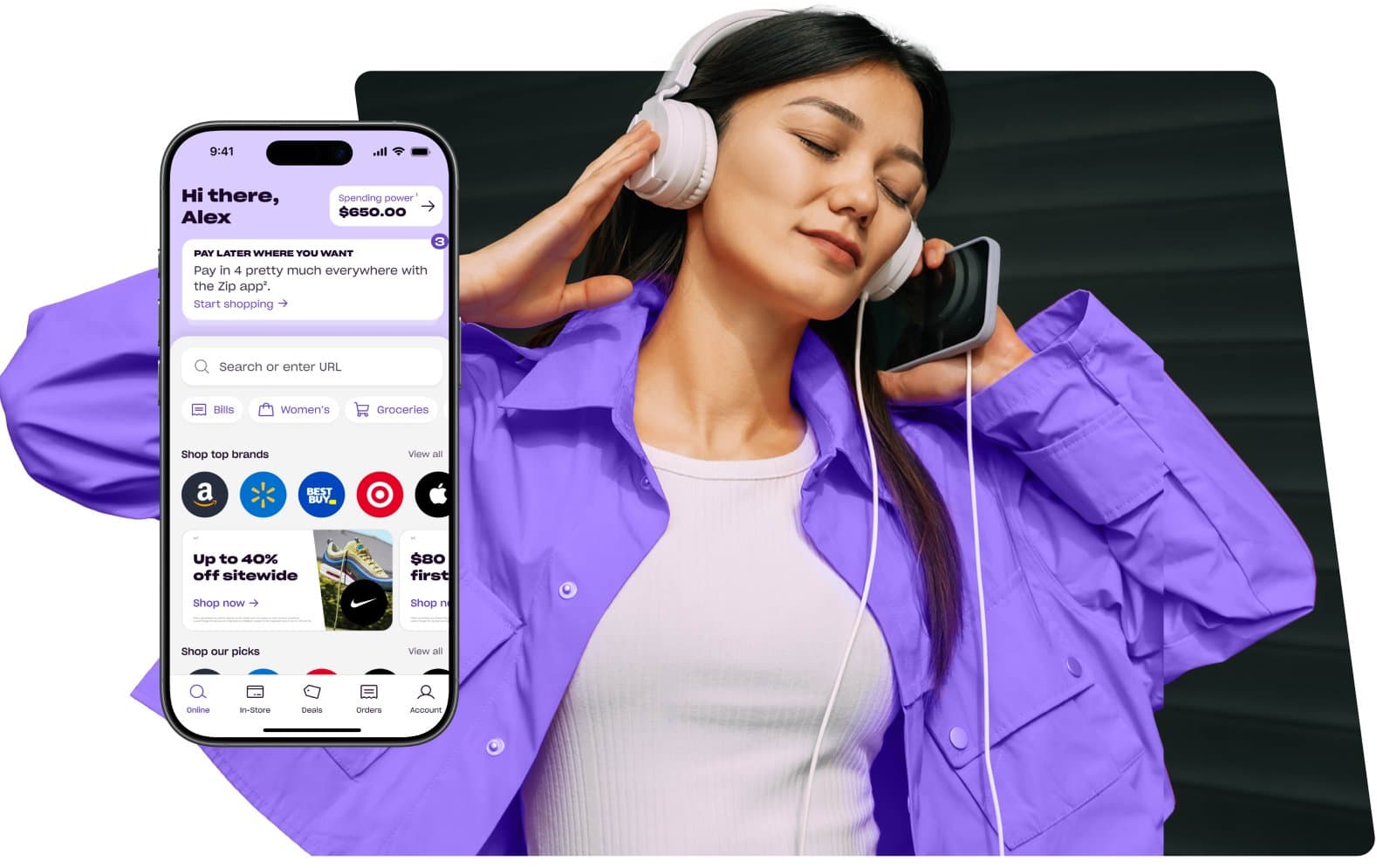 Shopper wearing headphones holding a phone showing the Zip app